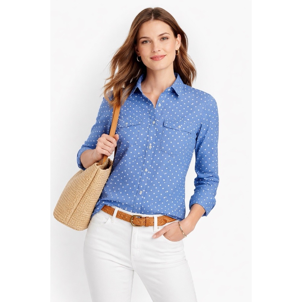 Talbots Womens‎ Small Petite Blue White Polka Dot Top 100% Cotton Classic Preppy